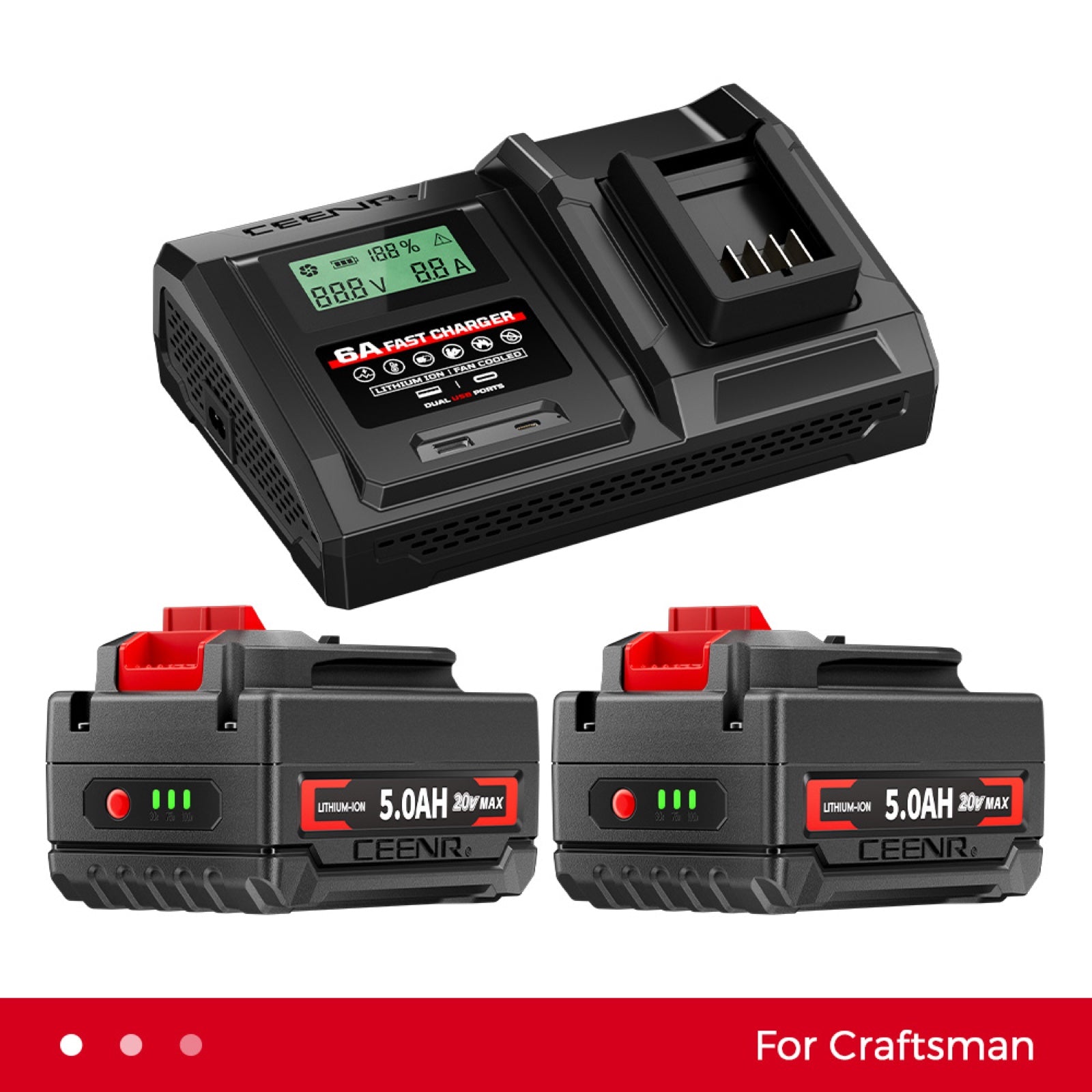 6 Amp Fast Charger for Craftsman 20V Max Lithium-Ion Battery Pack