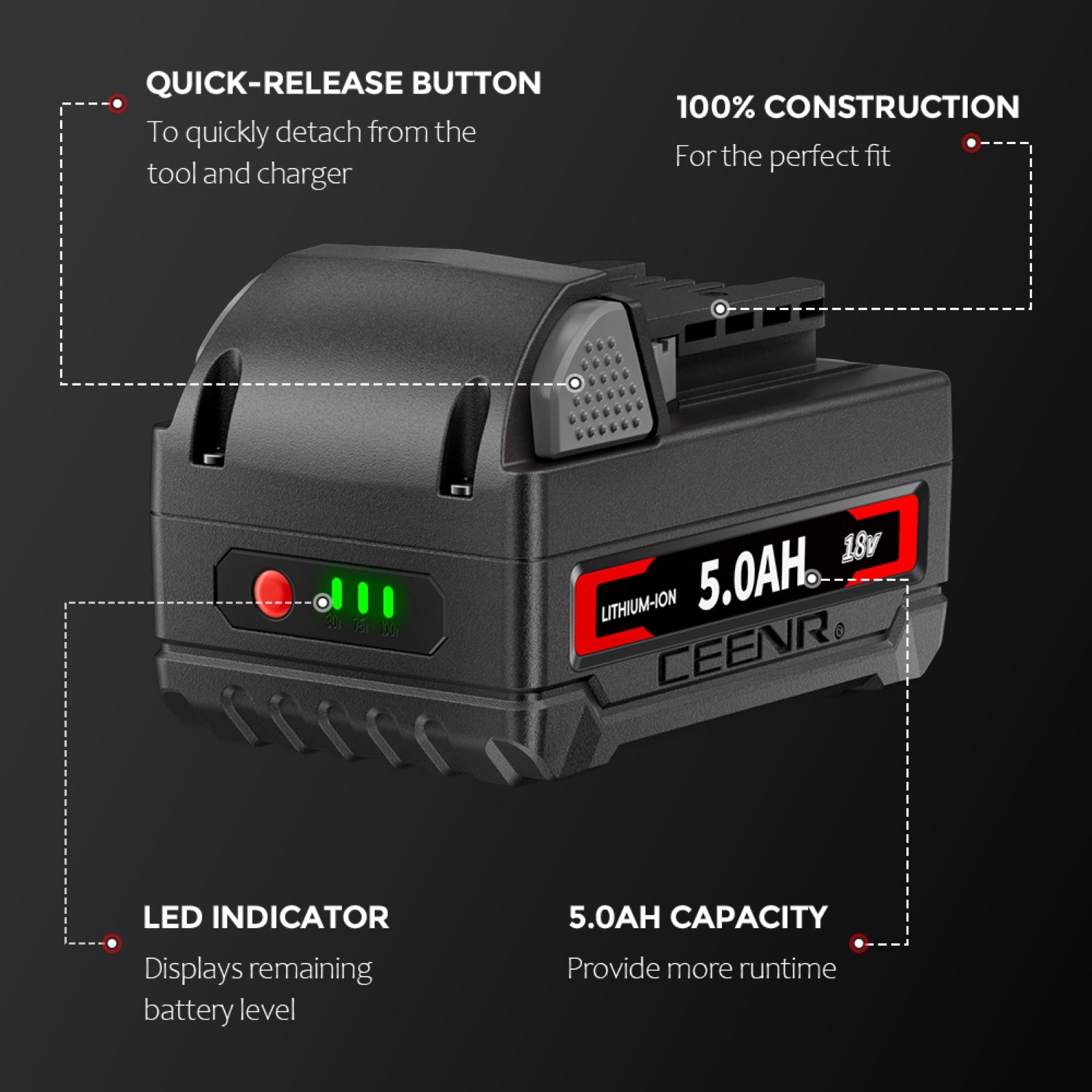 CEENR 5.0Ah Battery for Milwaukee 18V | Replacement Model M 18