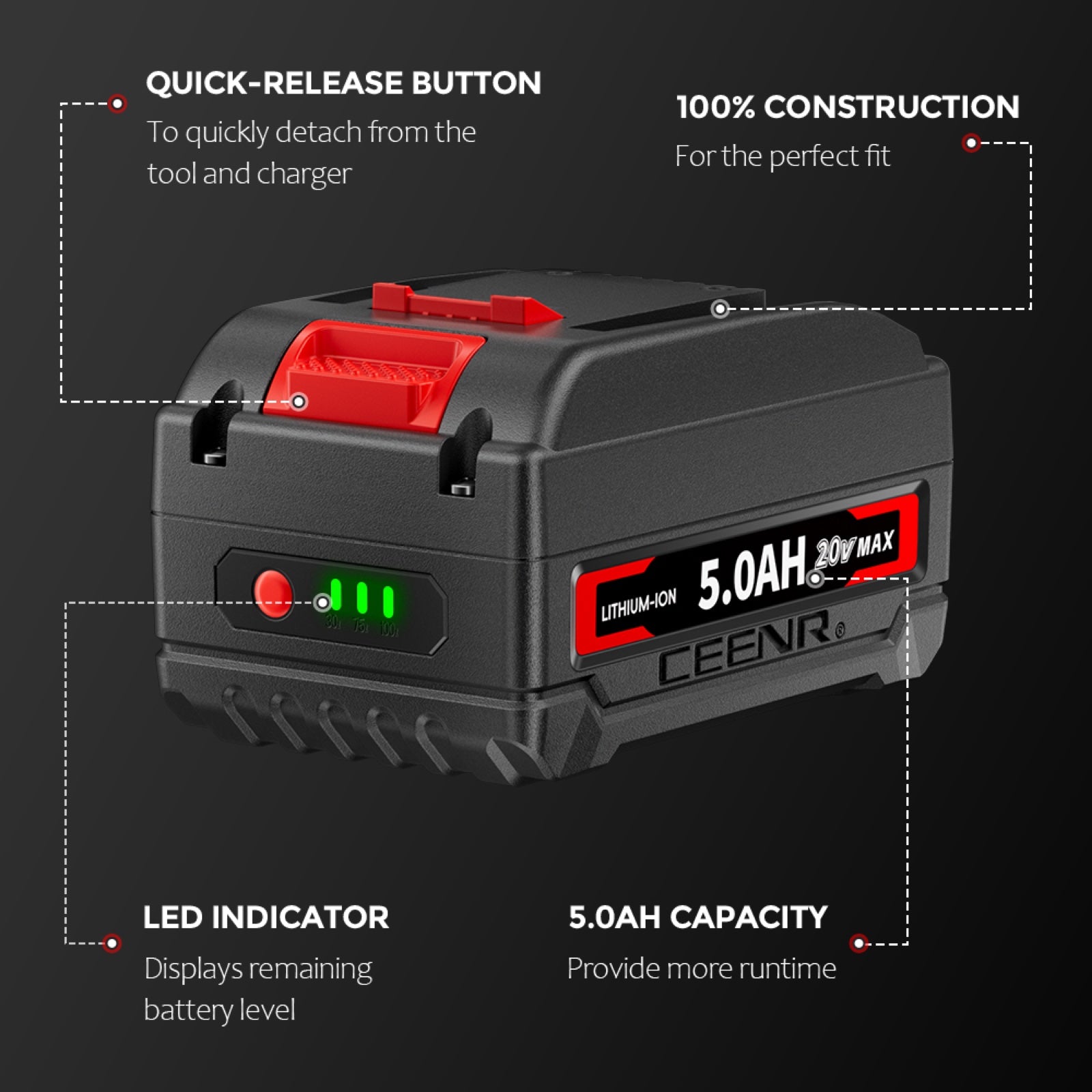 CEENR 5.0Ah Battery for Worx 20V Max | Model WA3520