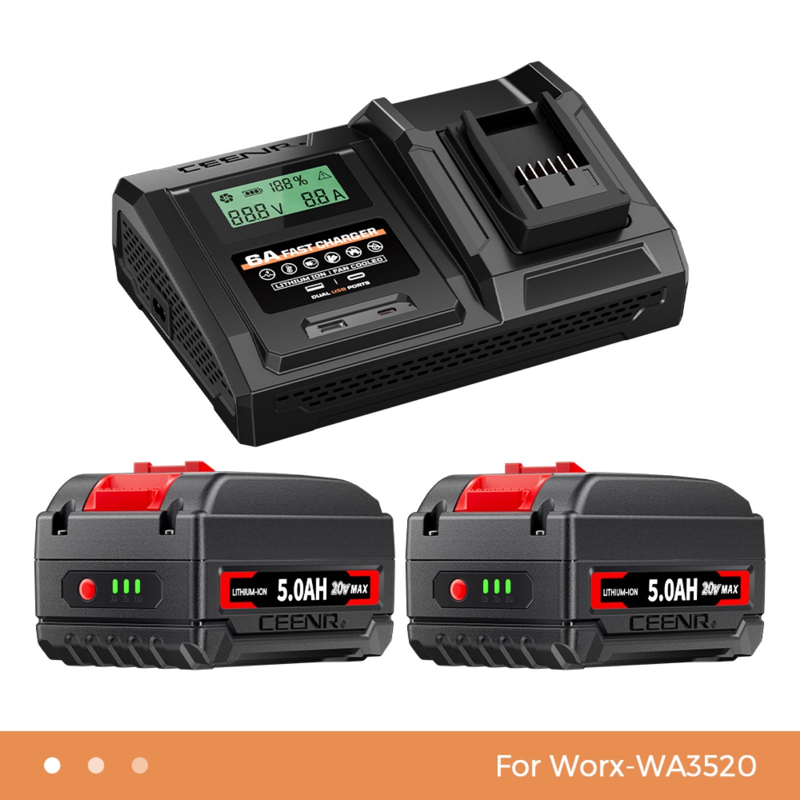 6 Amp Fast Charger for Worx 20V Max Lithium-Ion Battery Pack WA3520