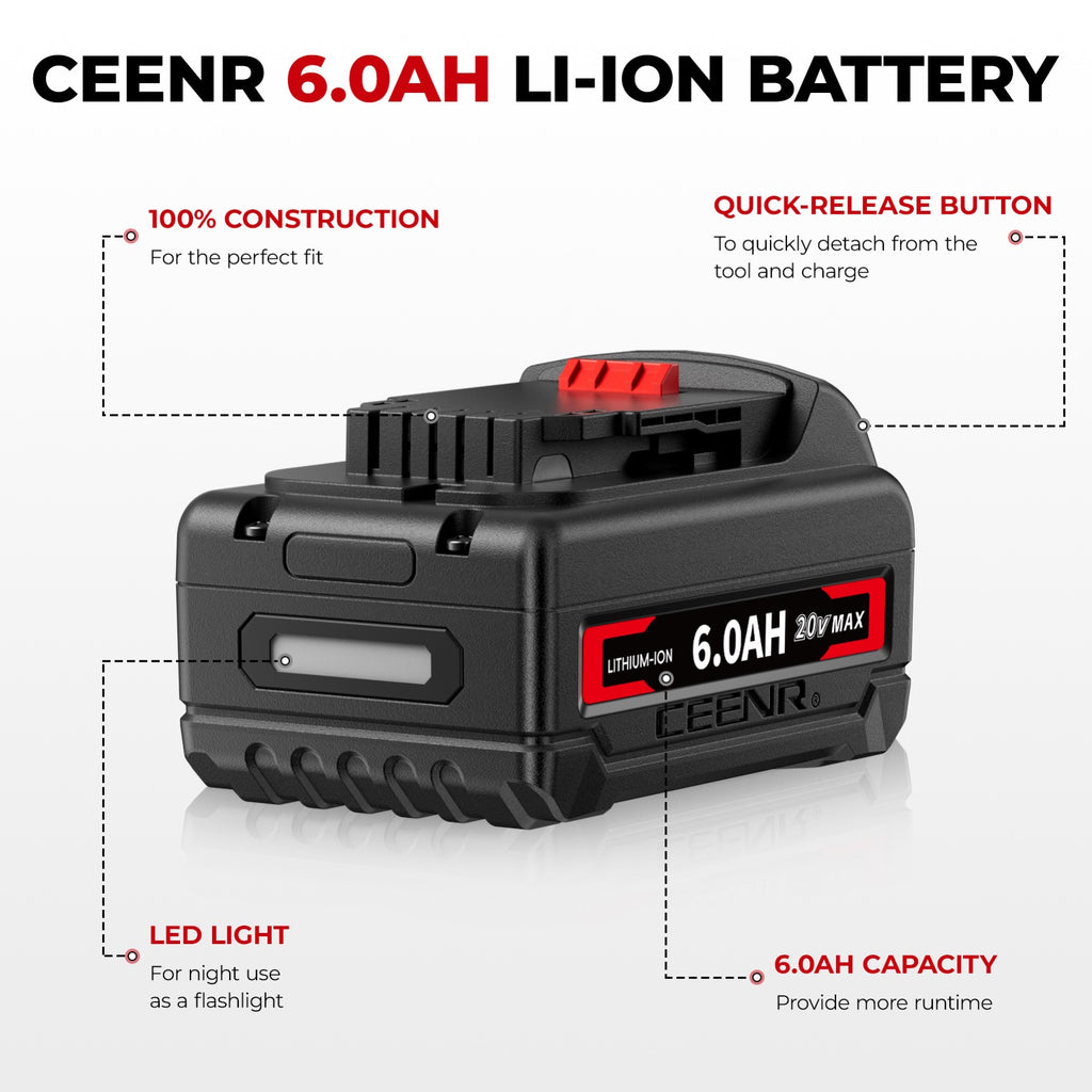 CEENR 6.0Ah Battery (with LG HG2 Cells) for DeWalt 20V Max | Replacement Model DCB200