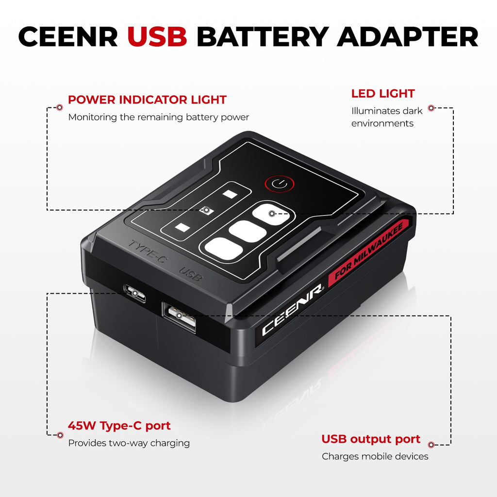 CEENR 45W USB-C Power Bank Adapter for Milwaukee 18V Batteries