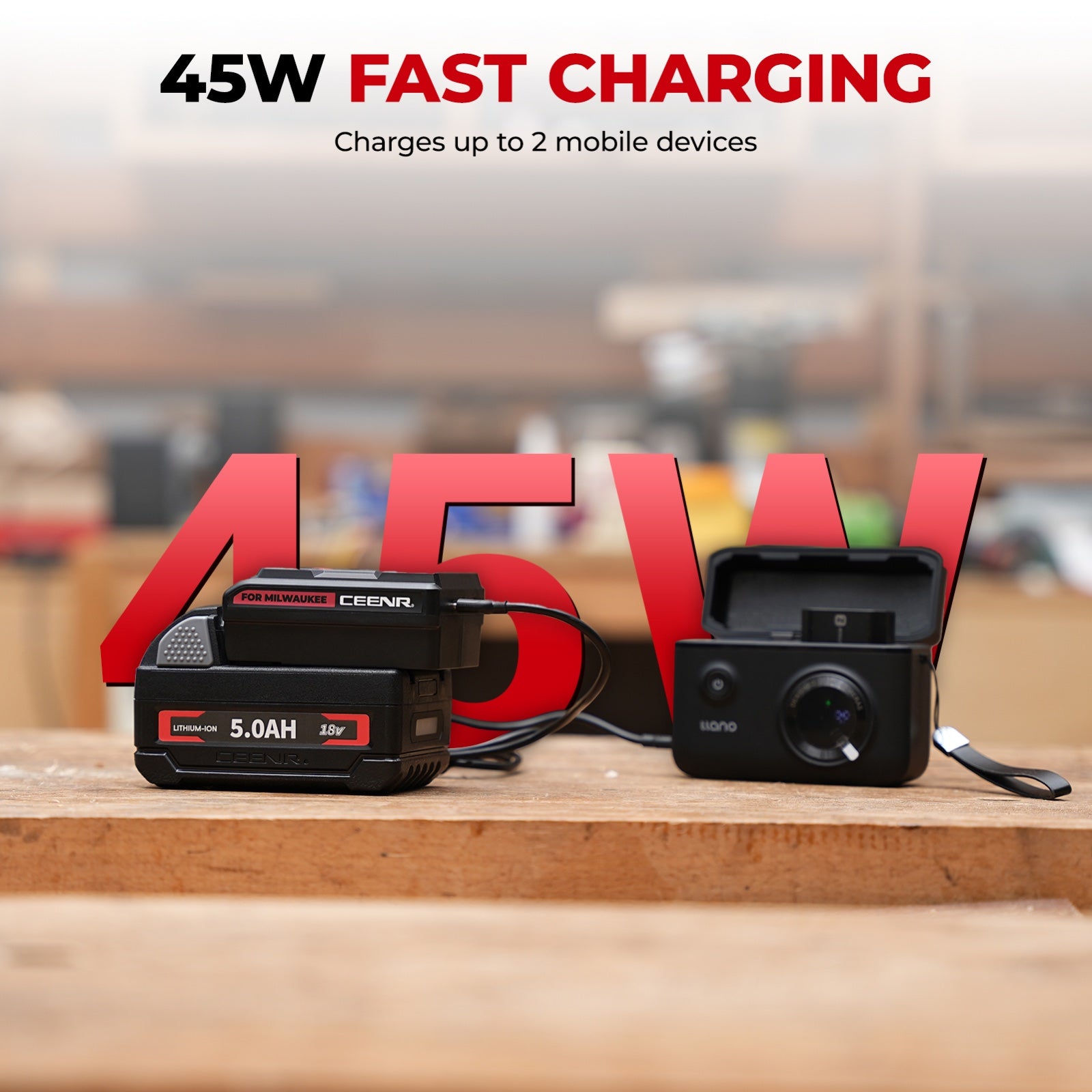 CEENR 45W USB-C Power Bank Adapter for Milwaukee 18V Batteries